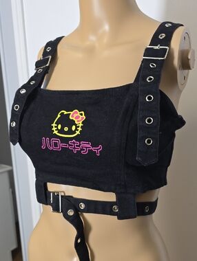 RARE Hello Kitty Black Crop Top Stretch Denim - Small